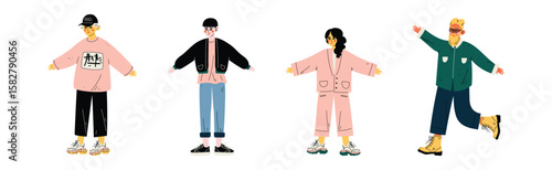 Young Man and Woman Character Standing in Trendy Wear and Fashion Outfit Vector Set