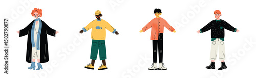 Young Man and Woman Character Standing in Trendy Wear and Fashion Outfit Vector Set