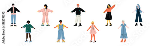 Young Man and Woman Character Standing in Trendy Wear and Fashion Outfit Vector Set