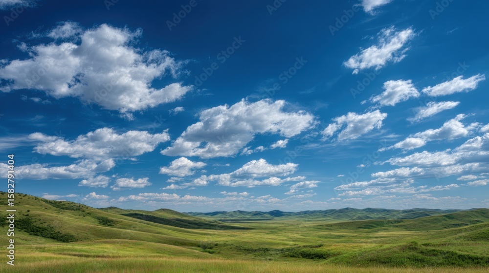 Vast, sunny landscape with rolling hills, fluffy clouds against a vibrant blue sky. Lush green grassland stretches into the distance Vast, sunny landscape with rolling hills, fluffy clouds against a vibrant blue sky. Lush green grassland stretches into the distance
