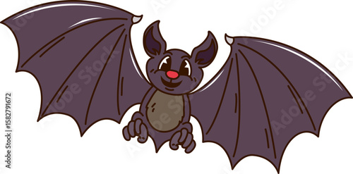 Groovy Halloween bat cartoon character with funny happy face, horror night holiday vector symbol. Funny monster or groovy bat with funky smile for Halloween trick or treat party cute boo character