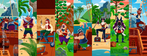 Funny pirate and corsair sailor cartoon characters. Woman pirate captain holding pistol and hunting treasure personages. Drunk cheerful filibusters, evil corsair man sailor on beach vector character