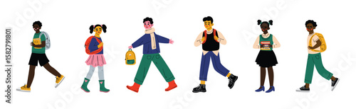 Happy Children with Backpack Going to Elementary or Middle School Vector Set