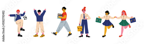 Happy Children with Backpack Going to Elementary or Middle School Vector Set