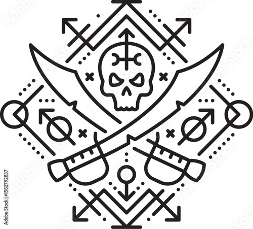 Pirate crossed swords or sabers esoteric line symbol. Buccaneer sailing esoteric linear vector print, pirate nautical tarot outline symbol. Corsair sacred tattoo with cutlass swords and human skull
