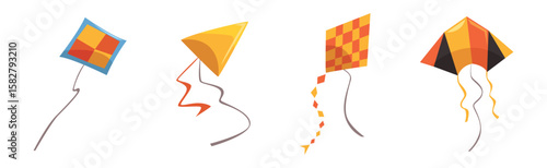 Kite as Wind Flying Toy with Tail for Kids Vector Set.