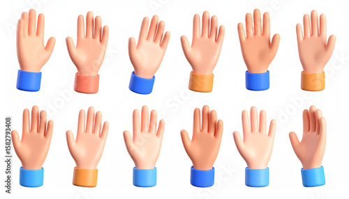 A collection of colorful cartoon hands, displayed in various positions and angles, showcasing diverse skin tones and sleeve colors