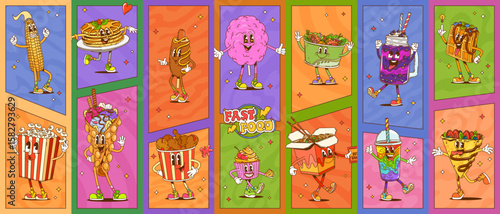 Cartoon groovy fast food characters collage. fried corn, popcorn, pancakes, Hong Kong and Belgian waffles funky groovy vector cute personages. French hotdog, ramen and cupcake fast food retro mascots