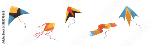 Kite as Wind Flying Toy with Tail for Kids Vector Set.