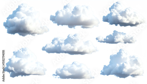 A collection of fluffy white clouds against a bright background, showcasing various shapes and sizes, ideal for artistic or illustrative purposes