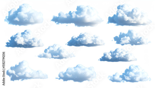 Fluffy white clouds arranged in various shapes and sizes against a bright background evoke a serene and peaceful atmosphere