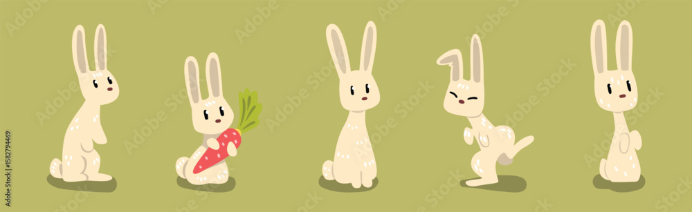 Obraz premium Funny White Bunny on Green Lawn Vector Set