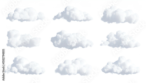 Fluffy white clouds arranged in various formations against a clear background, showcasing different shapes and sizes