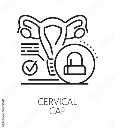 Cervical cap contraception method line icon or label. Contraception device line vector symbol, family planning method sign. Birth control technique pictogram with uterus organ and cervical cap