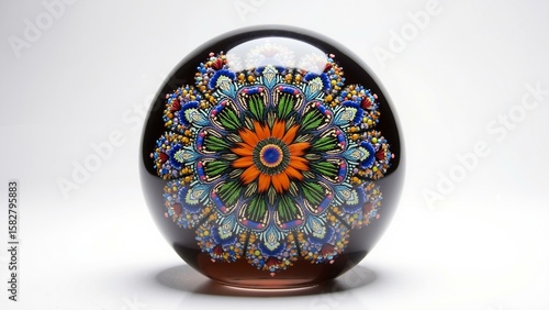 A polished glass paperweight showcasing an intricate, magnified millefiori pattern under bright studio lights. Sharp detail & focus., ultra detailed, 8k resolution, HDR, professional