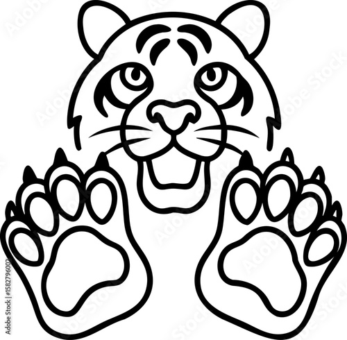 Tiger face with paws up line art drawing, playful and friendly animal illustration with detailed whiskers and claws
