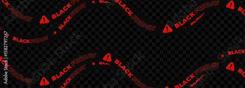 Black Friday sale tape, red warning icons, wavy ribbon, bold curved stripe, transparent background. Ecommerce promo, digital product design, UI content. Vector illustration.
