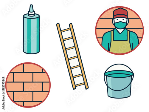 Construction worker with tools and materials for building brick walls