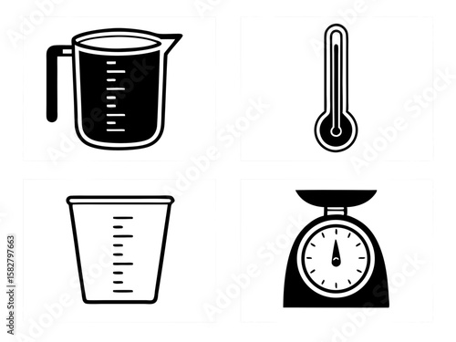 Kitchen measurement tools measuring cup thermometer and scale icons