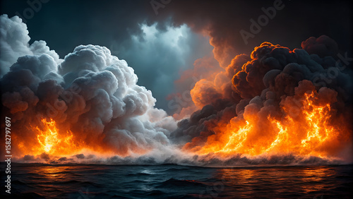 Dramatic ocean fire and clouds wallpaper background hd stock photo free use