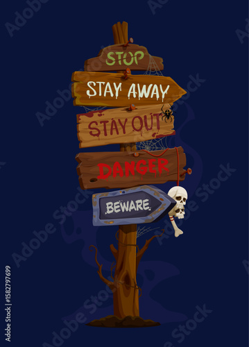 Scary Halloween sign board or arrow pointer. Road direction spooky sign, Halloween season scary navigation guide pointer sign or cartoon vector wooden signboard with stay away, stop and danger text