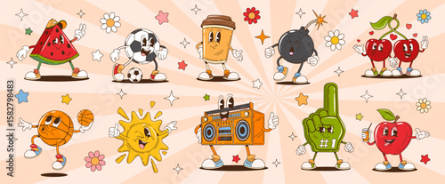 Cartoon funny groovy characters. Watermelon and apple fruits, sun, coffee hippie vector personages. Bomb, cherry, basketball and soccer balls, sport fan glove, music player cheerful groovy characters