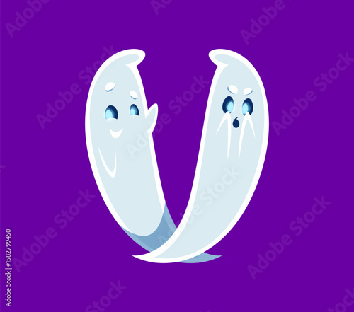 Halloween font V letter ghost cartoon comical character. Creepy phantom mascot latin alphabet element, spooky monster personage or spirit character font typeset vector symbol. English ABC ghost letter
