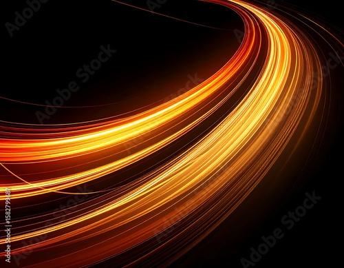 Abstract swirl of glowing, orange-yellow light trails against a black background