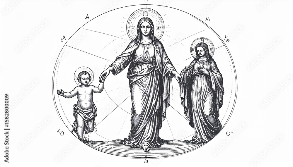 Obraz premium Illustration depicting Virgin Mary leading baby Jesus by the hand, with another female figure standing to the right, all within a circular, symbolic design.