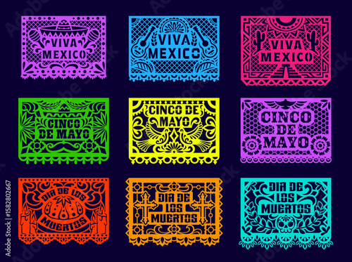 Mexican paper cut papel picado flags. Vector set dia de los Muertos, day of the dead holiday papercut banners. Laser cutting colorful templates, traditional Mexico decoration with floral patterns