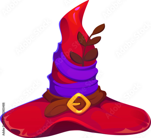 Cartoon Halloween witch and wizard hat with red color, crooked shape, adorned with purple ribbon, plant branch and buckle. Isolated vector whimsical holiday magical cap, party or magician garment