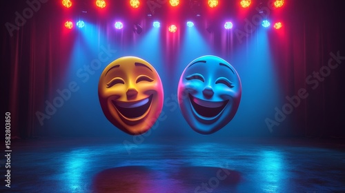 Comedy and tragedy masks floating on stage under colorful lights