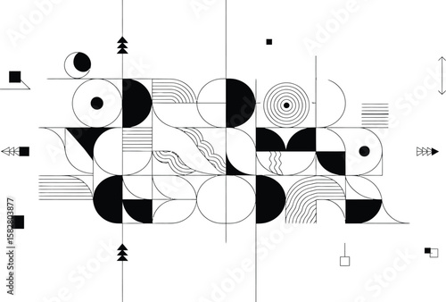 Abstract geometric composition with circles squares and lines in black and white
