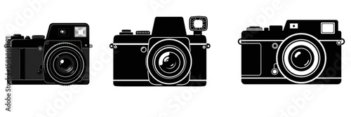 Set of three black and white vintage film cameras, isolated on transparent background for photography, retro themes, and creative design projects.