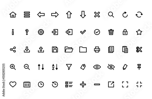 ナビゲーションやユーザーインターフェースに使えるシンプルな線画の基本操作アイコンセット