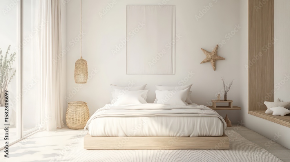 Fototapeta premium Minimalist kid bedroom with a clean white design, wooden elements, and a few playful accents like star-shaped pillows
