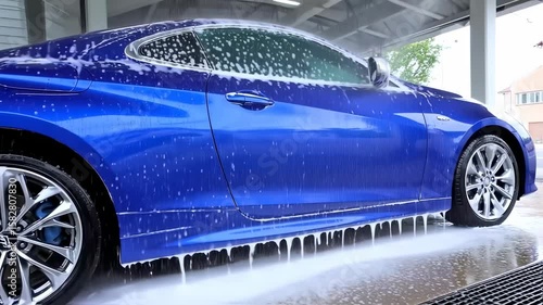 Blue car being meticulously washed with copious amounts of soapy foam at a carwash