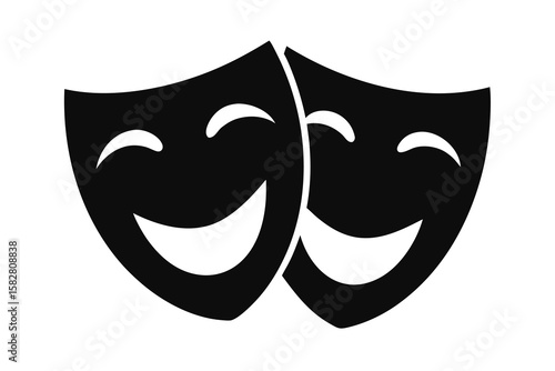 Vector art of two black theater masks, one happy and one sad