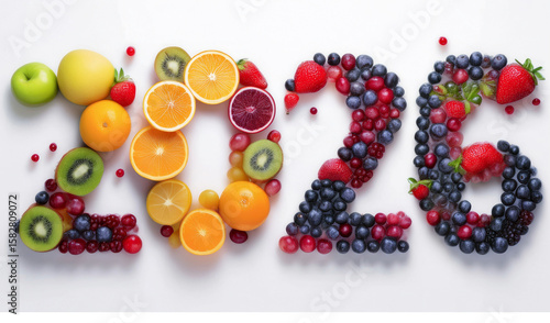 Fototapeta Naklejka Na Ścianę i Meble -  Colorful 2026 design created with assorted fresh fruits like oranges, kiwis, strawberries, and berries on a clean white background. A vibrant concept for healthy eating or New Year themes.