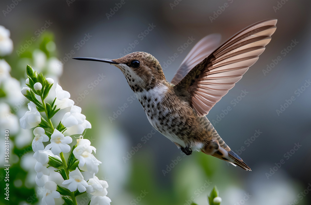 Naklejka premium The hummingbird is hovering near the red flowers, sipping nectar from them against a green background