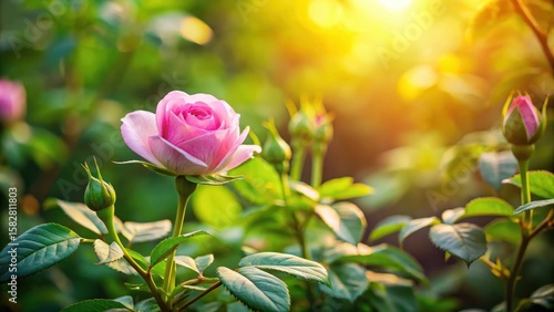 A delicate young bud of a pink rose flower on a lush green bush with soft focus and warm sunlight filtering through leaves
