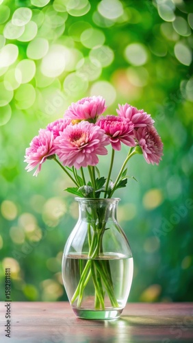 pink flowers in a clear glass vase on a lush green background with subtle foliage and soft light