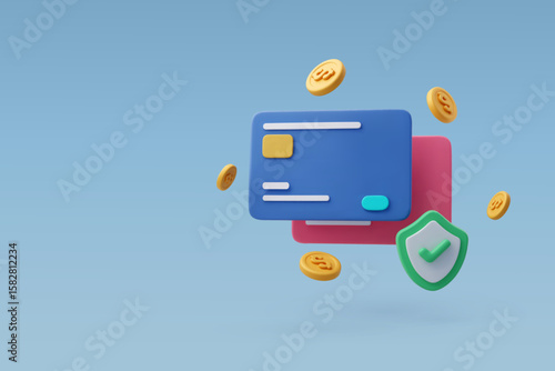 3d Vector Security credit cards with coins and shield, Money safety and Financial protection concept.