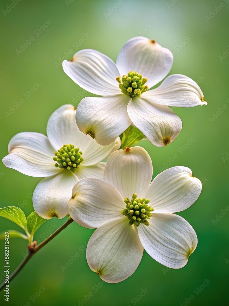 Obraz premium Highly detailed image of white dogwood flowers in macro photography against a plain green background showing delicate petals and intricate details