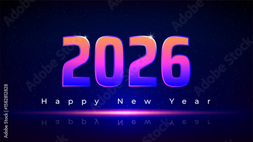 Happy New Year 2026, 26. New Year greeting card. Purple magenta orange numbers 2026 on a dark blue background. Futuristic technological design. Vector illustration
