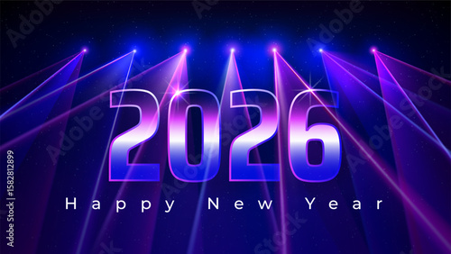 Happy New Year 2026, 26. New Year greeting card. Numbers 2025 on the background of blue magenta laser beams on the stage. Futuristic technological design. Vector illustration