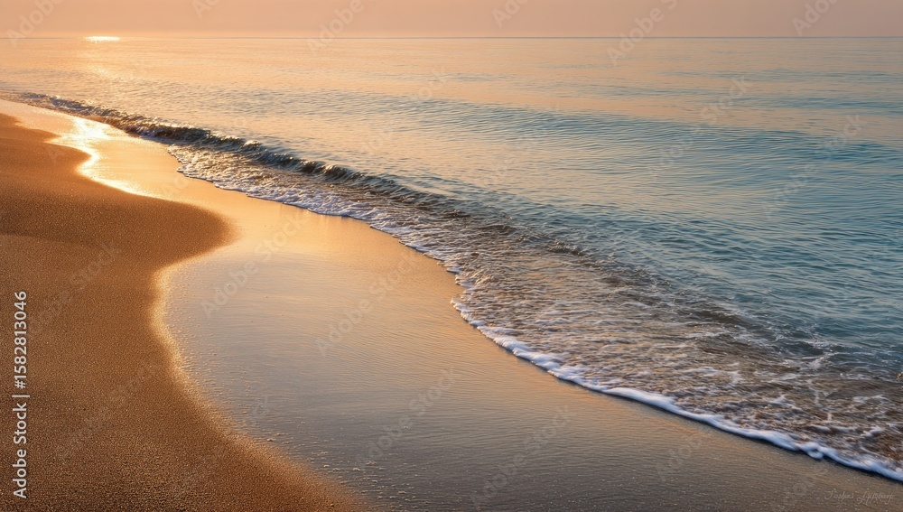 Serene Shoreline: The tranquil interplay of golden sands and calm water during sunrise, creating a picturesque coastal scene with captivating textures and ethereal light. Serene Shoreline: The tranquil interplay of golden sands and calm water during sunrise, creating a picturesque coastal scene with captivating textures and ethereal light.
