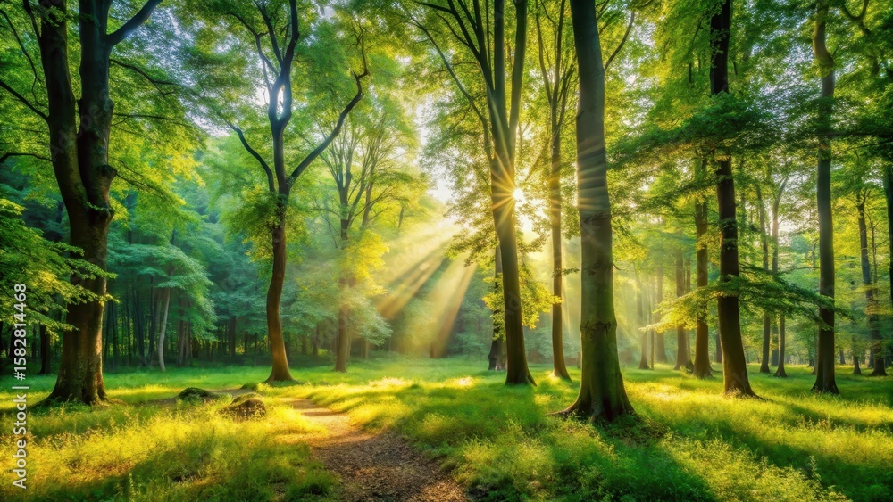 Naklejka premium Sunny forest clearing with tall trees and greenery