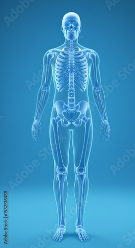 Full body of man skeleton on blue background. X-ray scan. Human anatomy skeletal structure for medical healthcare science. Front framework person