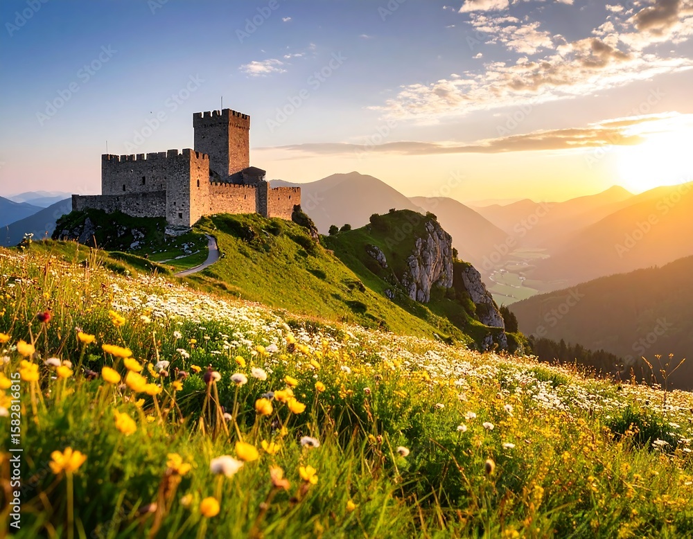 Fototapeta premium Mountaintop castle at sunset